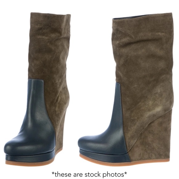Jil Sander Brown Suede Black Leather Platform Wedge Boots Mid Calf Booties 36 6 - Picture 3 of 16